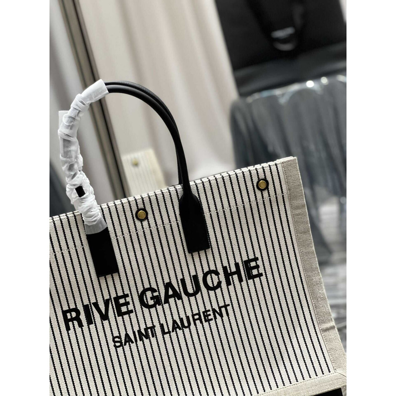 Saint Laurent Rive Gauche Vertical Shopper In Linen And Cotton Striped