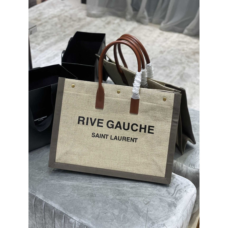 Saint Laurent Rive Gauche Vertical Shopper In Linen And Cotton Gray And Beige