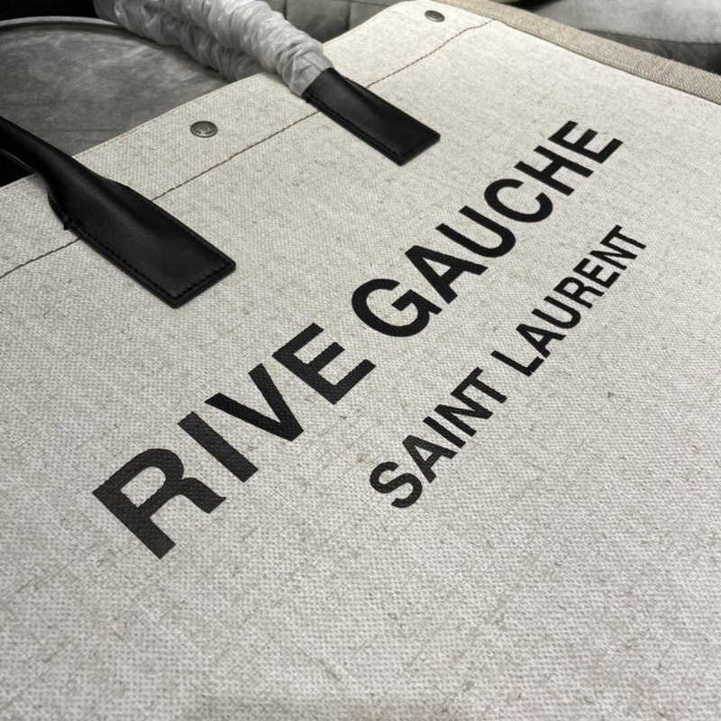 Saint Laurent Rive Gauche Vertical Shopper In Linen And Cotton Gray