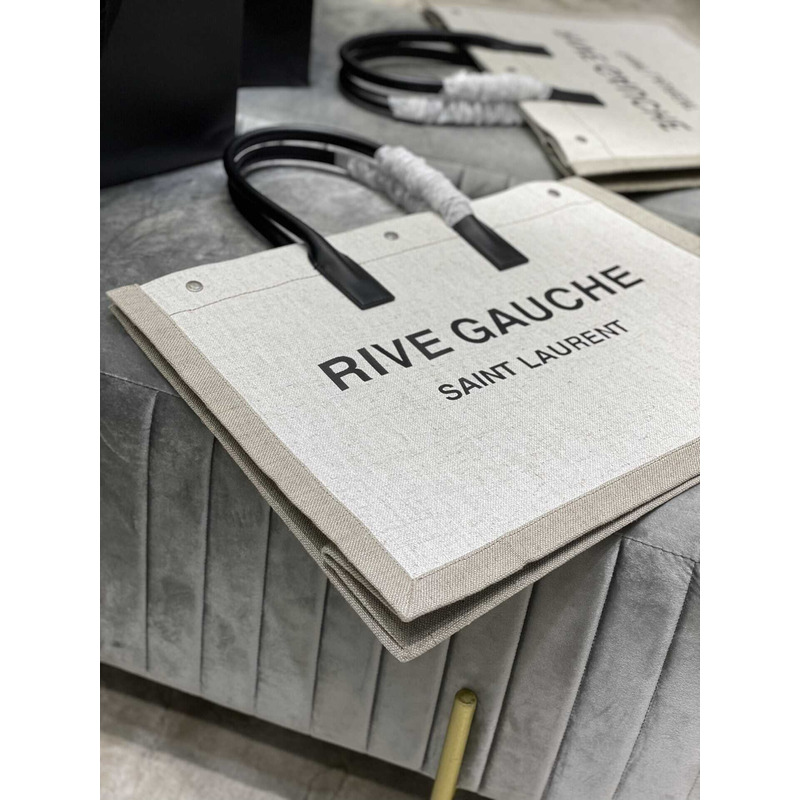 Saint Laurent Rive Gauche Vertical Shopper In Linen And Cotton Gray