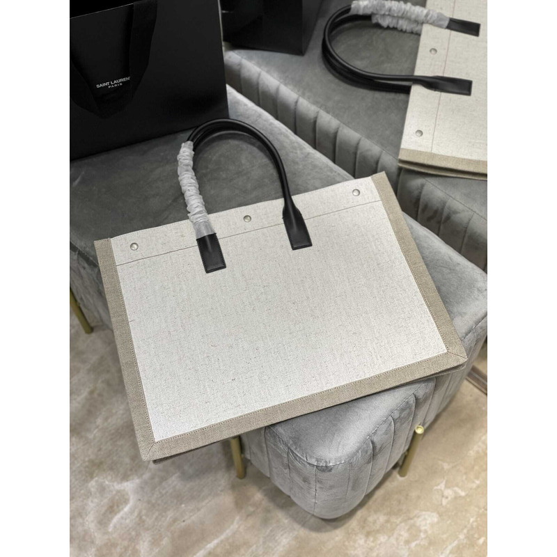 Saint Laurent Rive Gauche Vertical Shopper In Linen And Cotton Gray