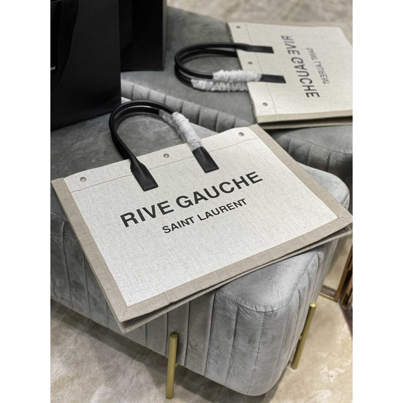 Saint Laurent Rive Gauche Vertical Shopper In Linen And Cotton Gray