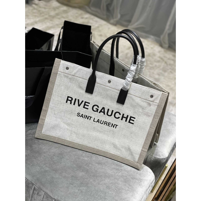 Saint Laurent Rive Gauche Vertical Shopper In Linen And Cotton Gray