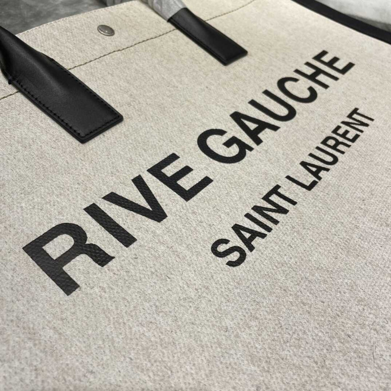 Saint Laurent Rive Gauche Vertical Shopper In Linen And Cotton Black And White