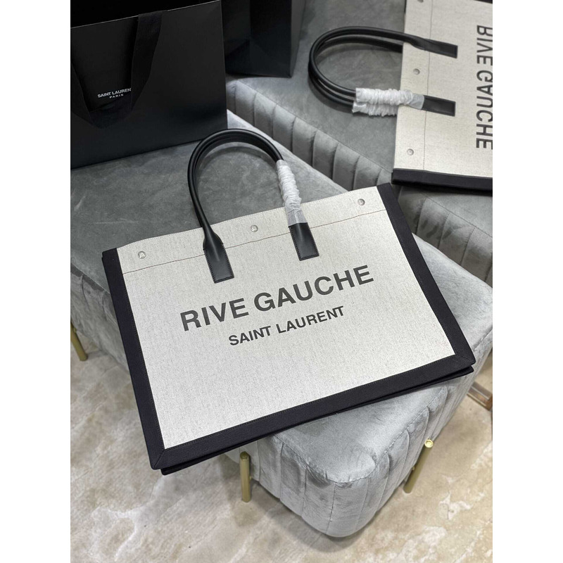 Saint Laurent Rive Gauche Vertical Shopper In Linen And Cotton Black And White