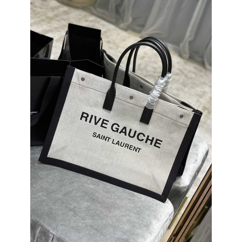 Saint Laurent Rive Gauche Vertical Shopper In Linen And Cotton Black And White