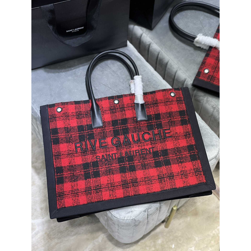 Saint Laurent Rive Gauche Vertical Shopper In Linen And Cotton Black And Red