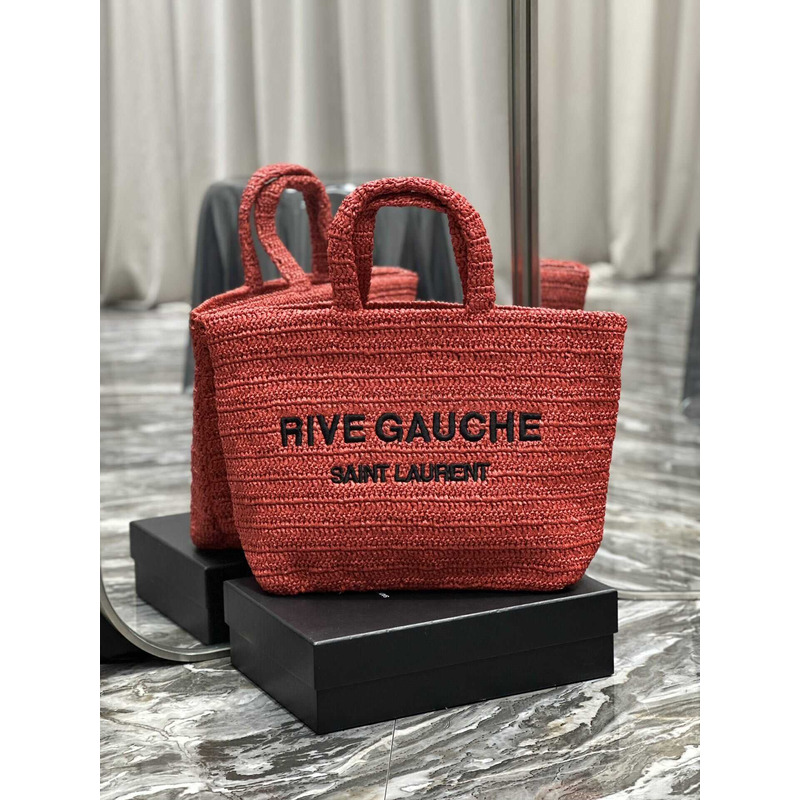 Saint Laurent Rive Gauche Soft Tote Bag In Crocheted Raffia Red