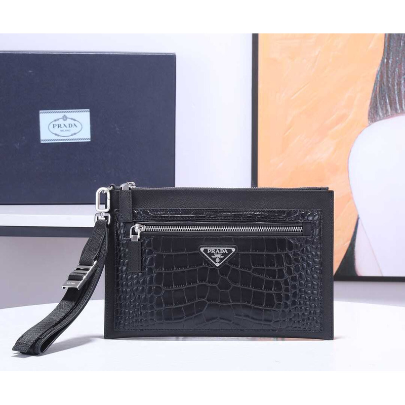 Pra*a saffiano crocodile leather pouch black