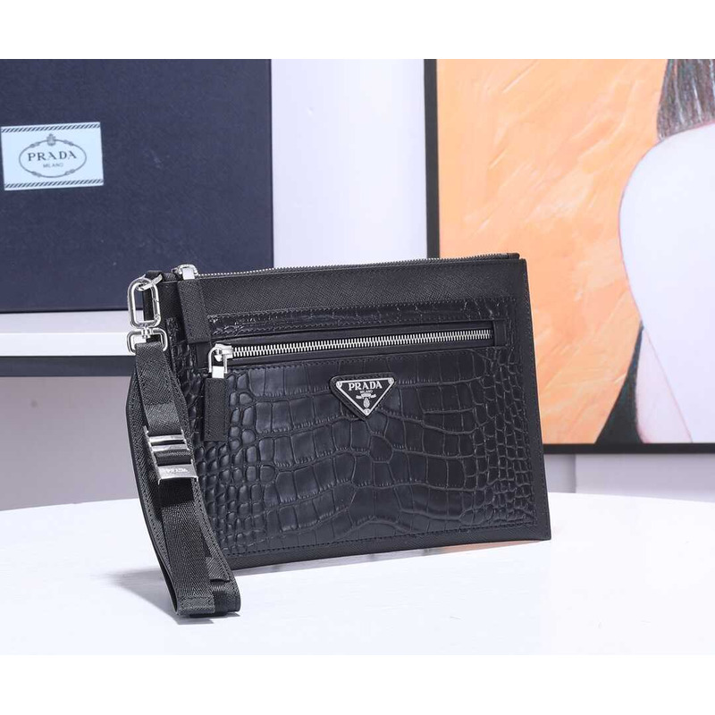 Pra*a saffiano crocodile leather pouch black