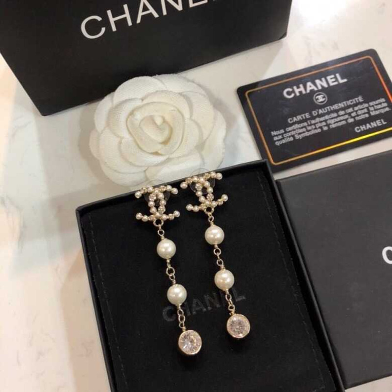 Ch*el crystal and pearl cc earrings