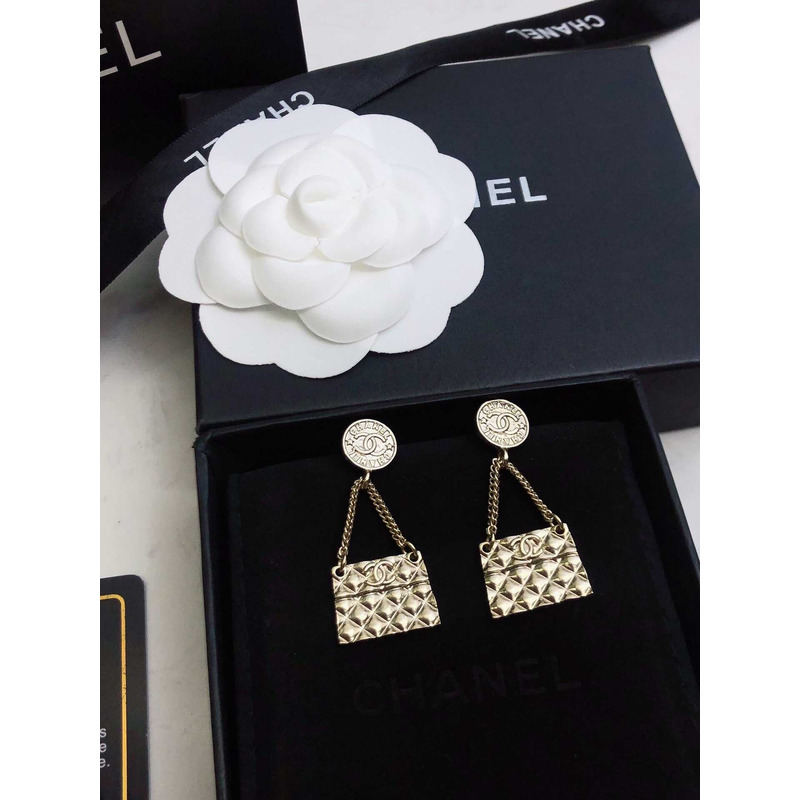 Ch*el gold metal cc coin and quilted flap bag drop earrings