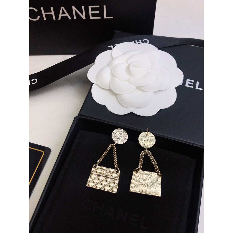 Ch*el gold metal cc coin and quilted flap bag drop earrings