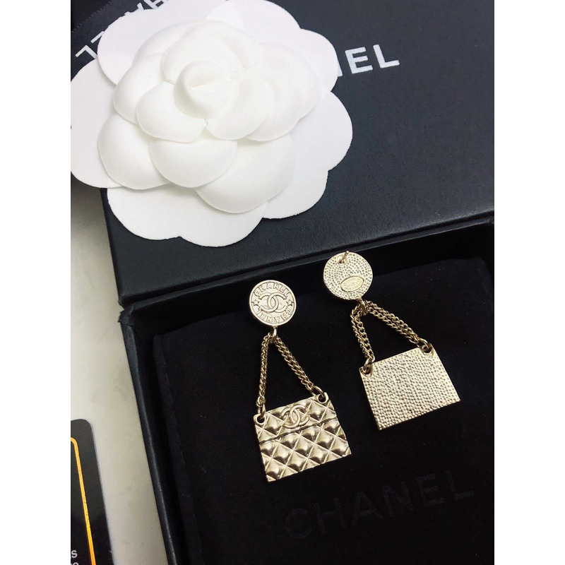 Ch*el gold metal cc coin and quilted flap bag drop earrings