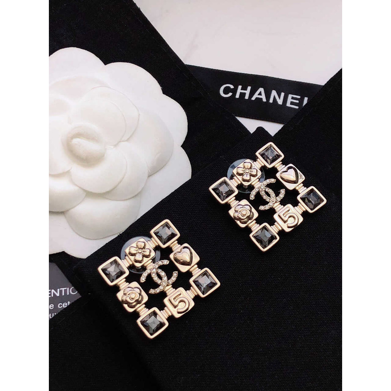 Ch*el crystal cc earrings black and gold