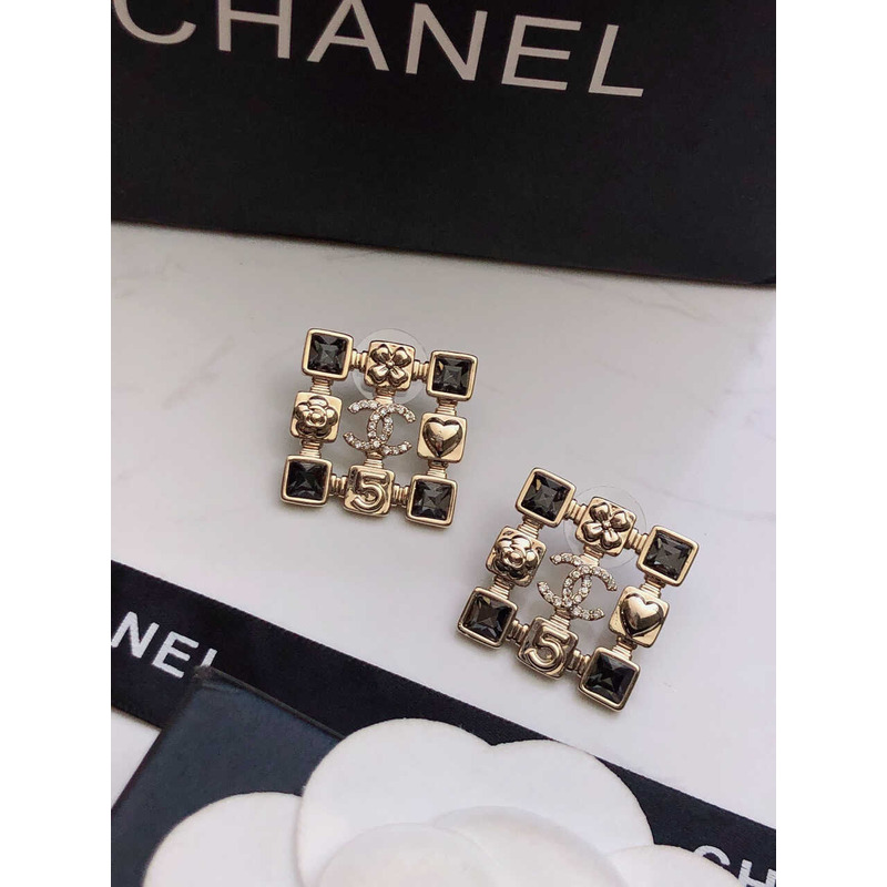 Ch*el crystal cc earrings black and gold