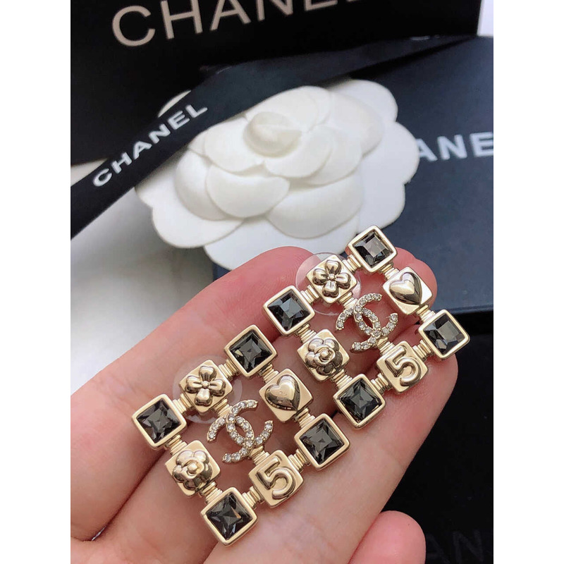 Ch*el crystal cc earrings black and gold