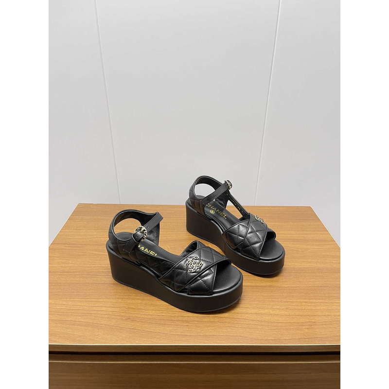 Ch*el open toe platform casual style leather party style black