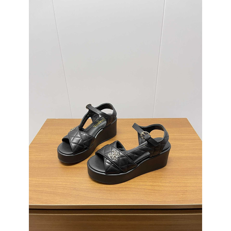 Ch*el open toe platform casual style leather party style black