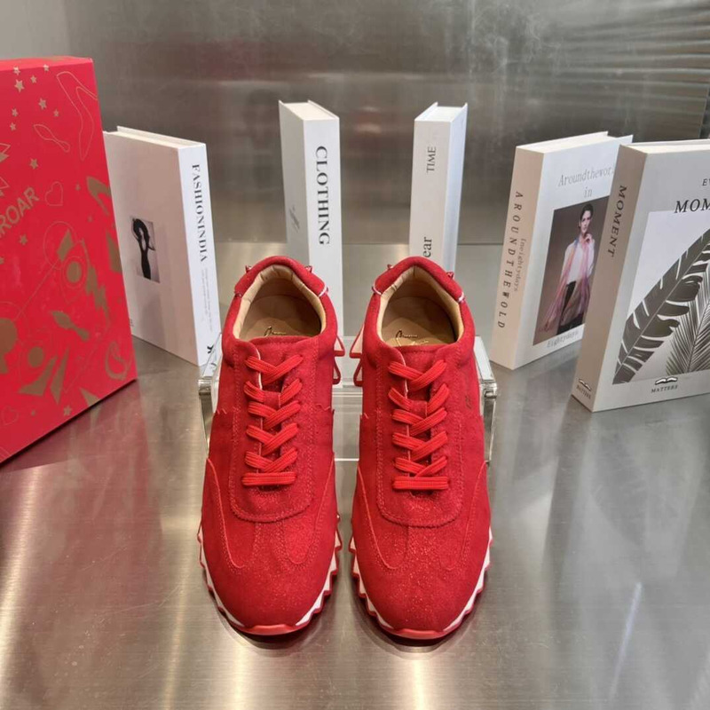 Ch**an louboutin loubishark flat metallic suede red sole runner sneakers