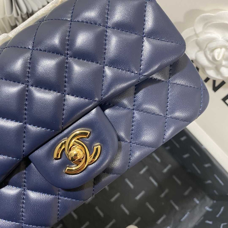 Ch*el rectangular flap quilted diamond mini navy blue