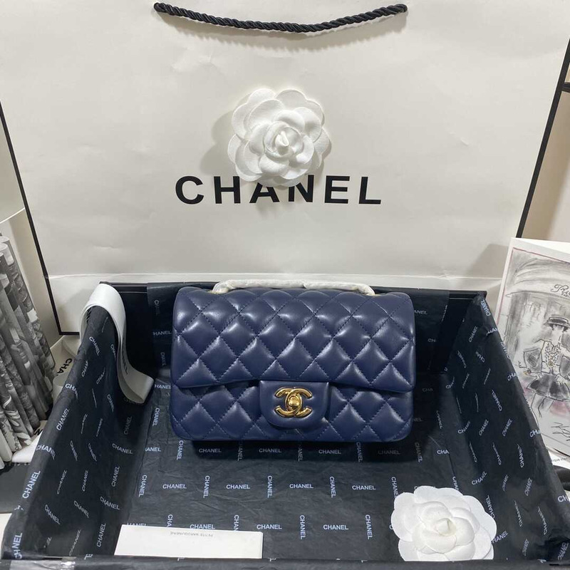 Ch*el rectangular flap quilted diamond mini navy blue