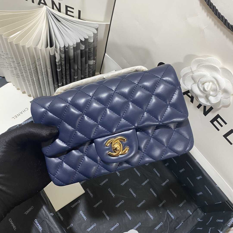 Ch*el rectangular flap quilted diamond mini navy blue