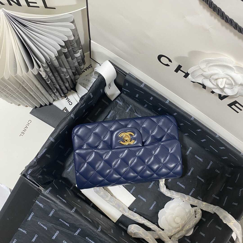 Ch*el rectangular flap quilted diamond mini navy blue