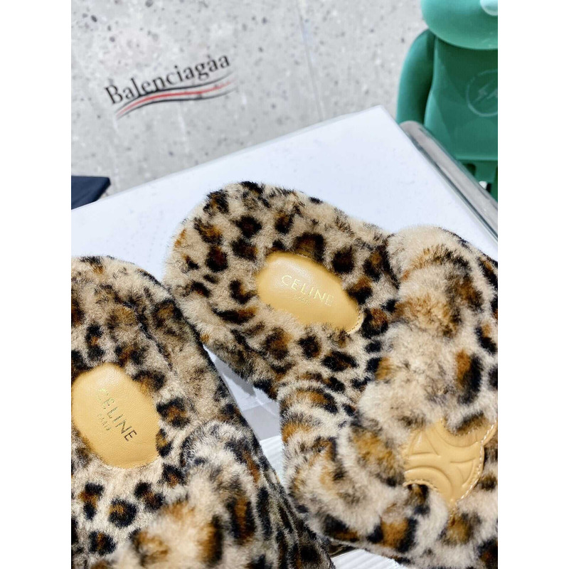 Ce**e open toe platform rubber sole casual style unisex faux fur leopart print