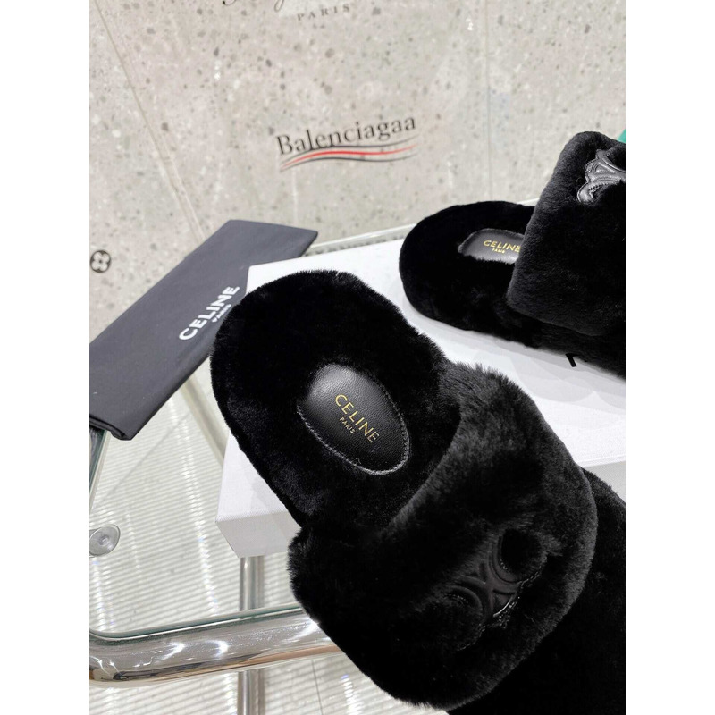 Ce**e open toe platform rubber sole casual style unisex faux fur black