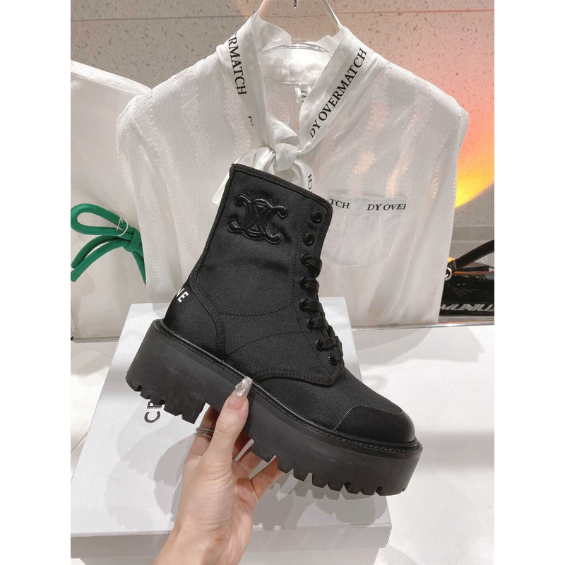 Ce**e  platform plain toe round toe rubber sole lace-up canvas  black