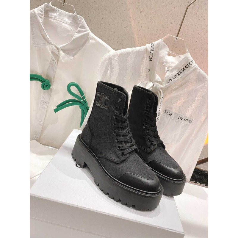 Ce**e  platform plain toe round toe rubber sole lace-up canvas  black