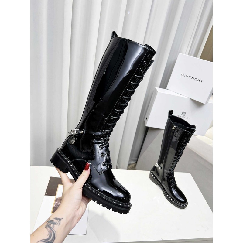 Givenchy Lace-Up Leather Tall Boot Patent Leather Black