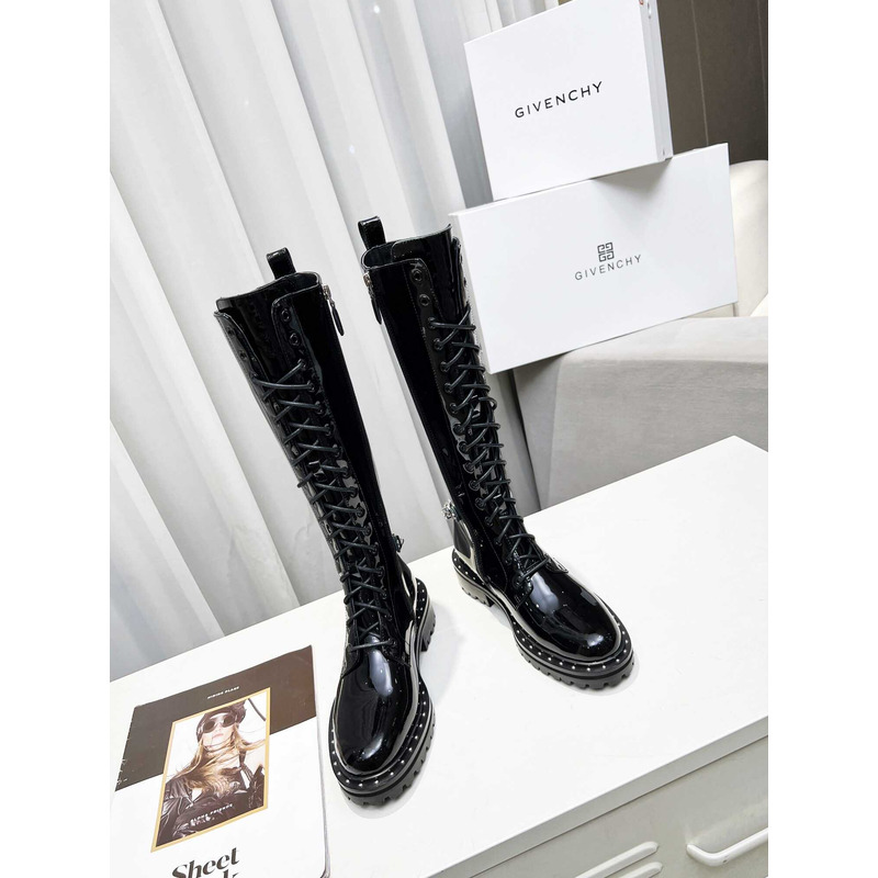 Givenchy Lace-Up Leather Tall Boot Patent Leather Black