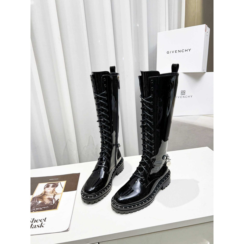 Givenchy Lace-Up Leather Tall Boot Patent Leather Black