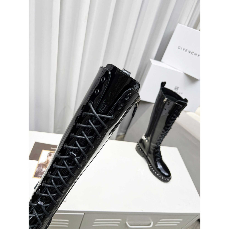 Givenchy Lace-Up Leather Tall Boot Patent Leather Black