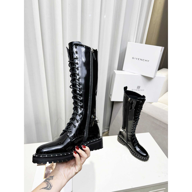 Givenchy Lace-Up Leather Tall Boot Patent Leather Black