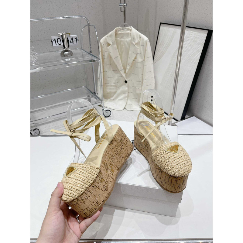 Pra*a raffia wedge sandals beige