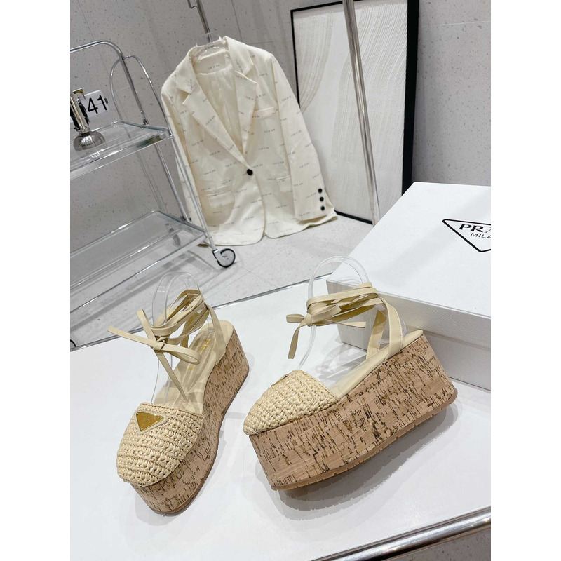 Pra*a raffia wedge sandals beige