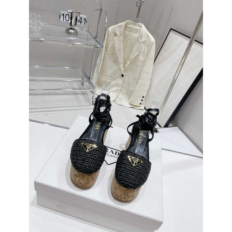 Pra*a raffia wedge sandals black