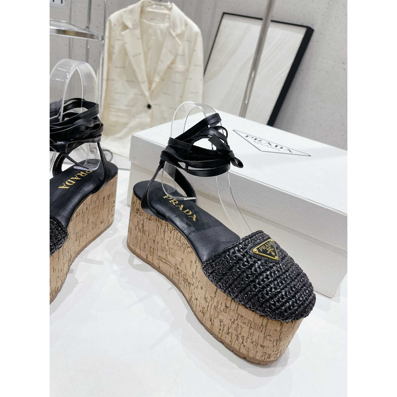 Pra*a raffia wedge sandals black