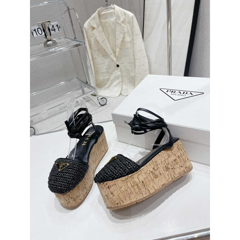 Pra*a raffia wedge sandals black