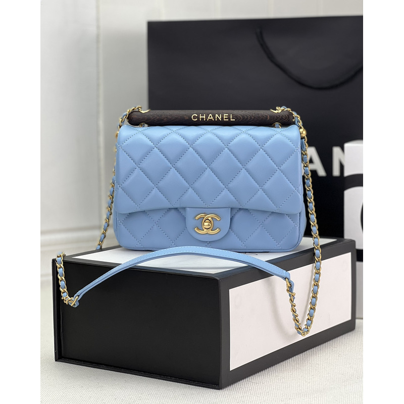 Ch*el small flap bag with top handle lambskin & wenge wood light blue