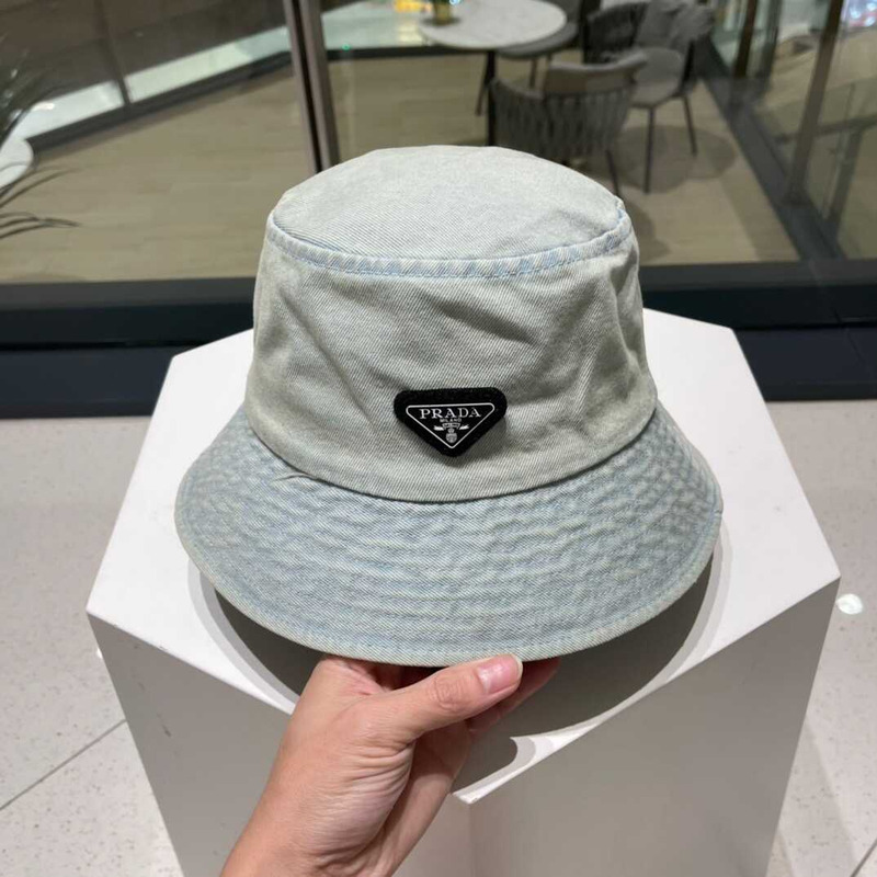 Pra*a denim bucket hat with logo washed blue