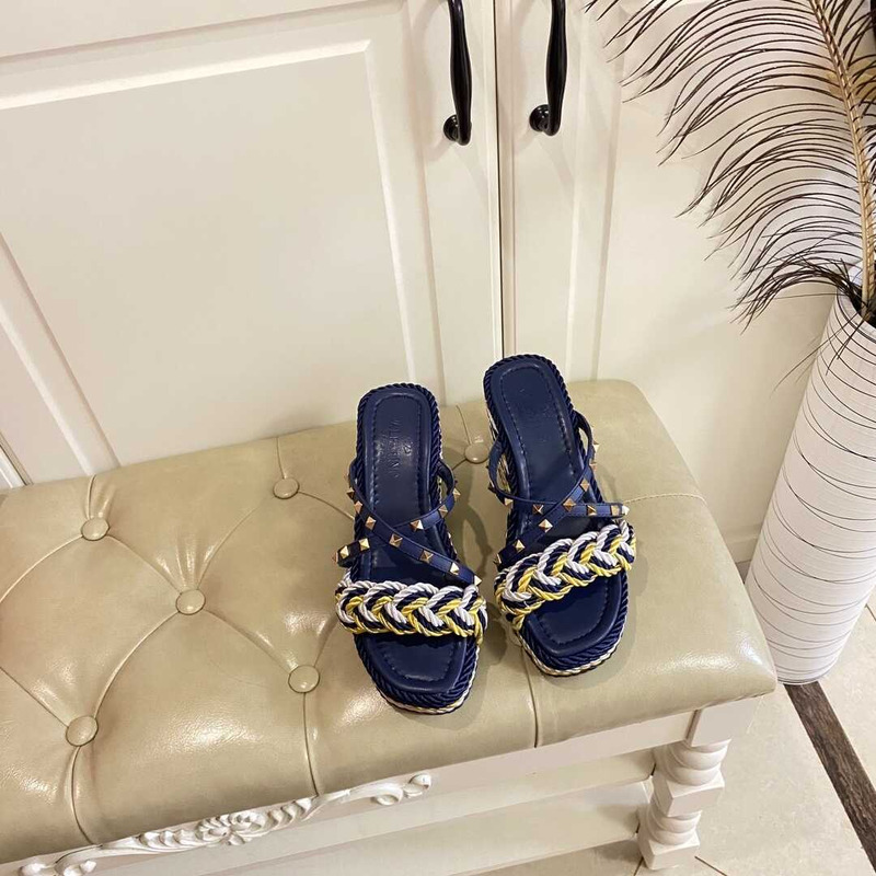 Valentino Garavani Rockstud Torchon Espadrille Wedge Sandals Blue Yellow And White