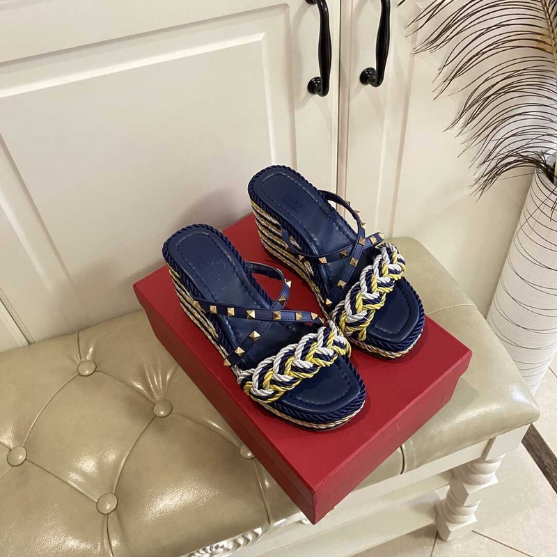 Valentino Garavani Rockstud Torchon Espadrille Wedge Sandals Blue Yellow And White