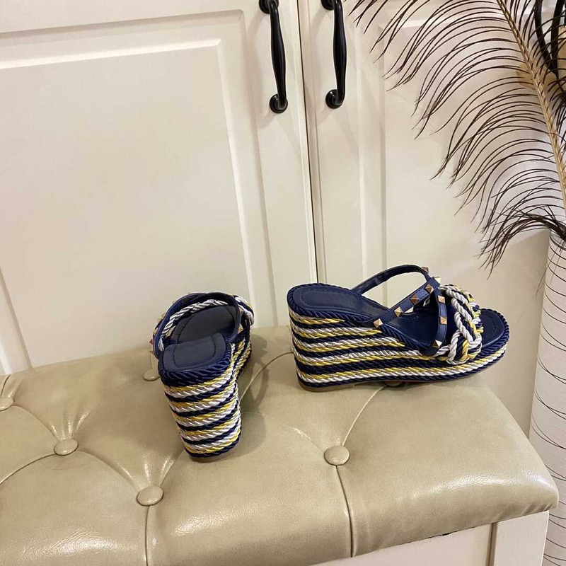 Valentino Garavani Rockstud Torchon Espadrille Wedge Sandals Blue Yellow And White