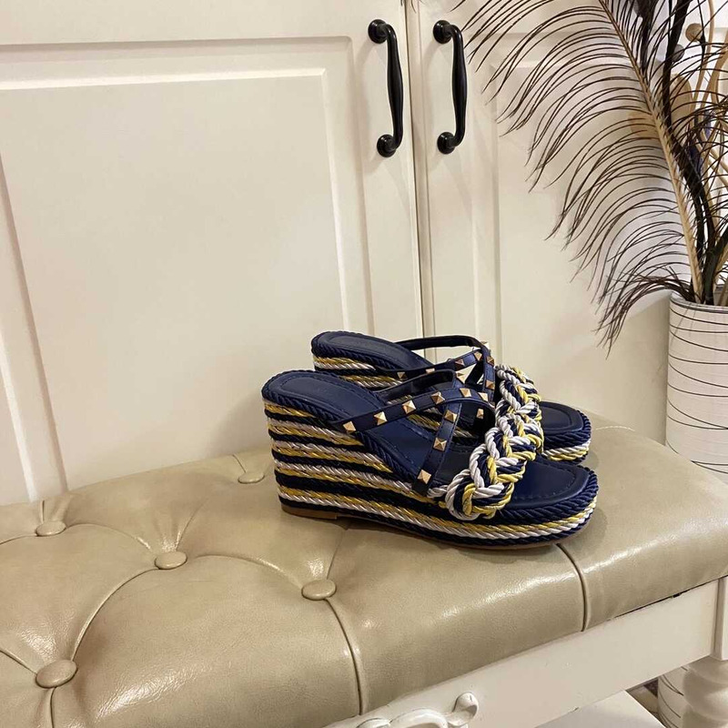 Valentino Garavani Rockstud Torchon Espadrille Wedge Sandals Blue Yellow And White