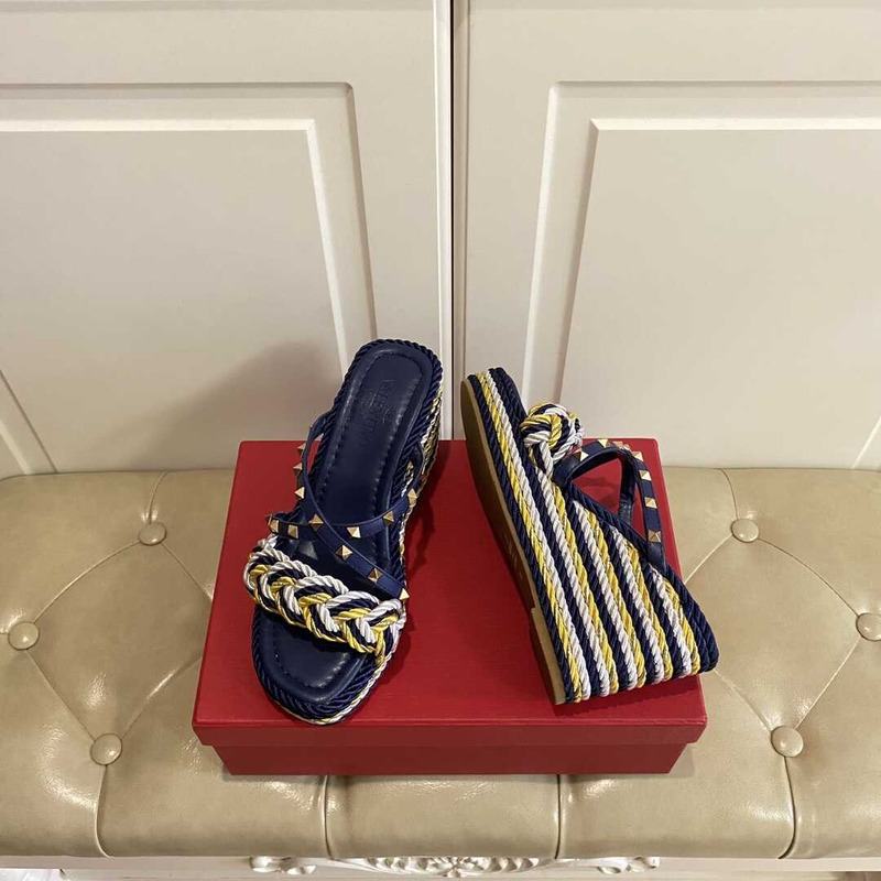 Valentino Garavani Rockstud Torchon Espadrille Wedge Sandals Blue Yellow And White