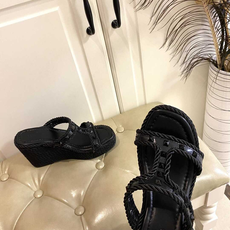 Valentino Garavani Rockstud Torchon Espadrille Wedge Sandals Black